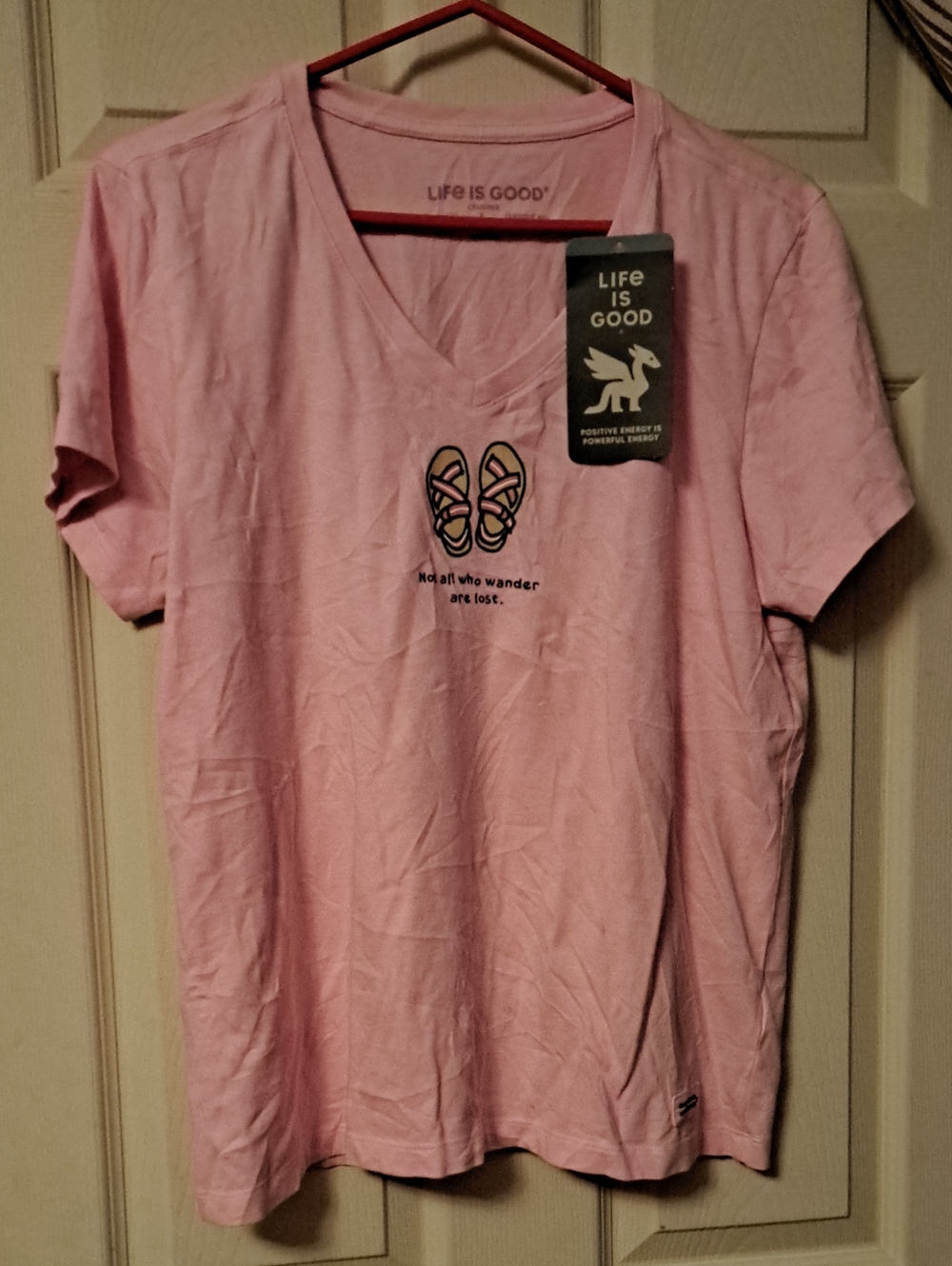 Life Is Good Pink V-Neck Tee with Sandal Graphic Women's Size L NWT